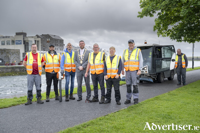 Mayor of the City of Galway, Cllr Mike Cubbard with the Galway City Council Litter Management Unit. Left to Right: Derek Griffen; George Powell; Kevin O’Brien; Mayor of the City of Galway, Cllr Mike Cubbard; Martin McDonagh; Martin McGrath; John Dunleavy; and Brian D’Arcy. Photo: Andrew Downes, Xposure