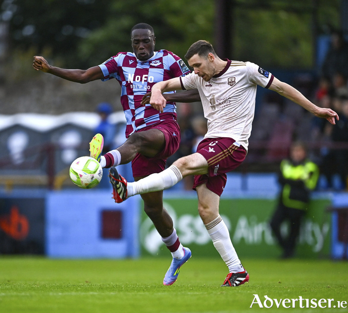 Right: Gary Buckley of Galway United in action against Fuhad Kareem of Drogheda United during the SSE Airtricity Men's Premier Division match between Drogheda United and Galway United at Sullivan & Lambe Park in Drogheda, Louth. (Photo by Tyler Miller/Sportsfile)