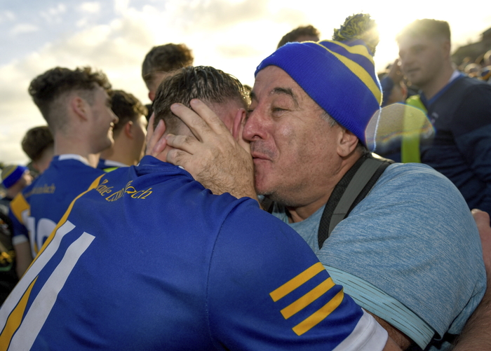 Tiernan Kileen of Loughrea celebrates his side's victory with supporters after the Galway County Senior Club Hurling Championship final match between Cappataggle and Loughrea at Kenny Park in Athenry, Galway. (Photo by Tom Beary/Sportsfile).