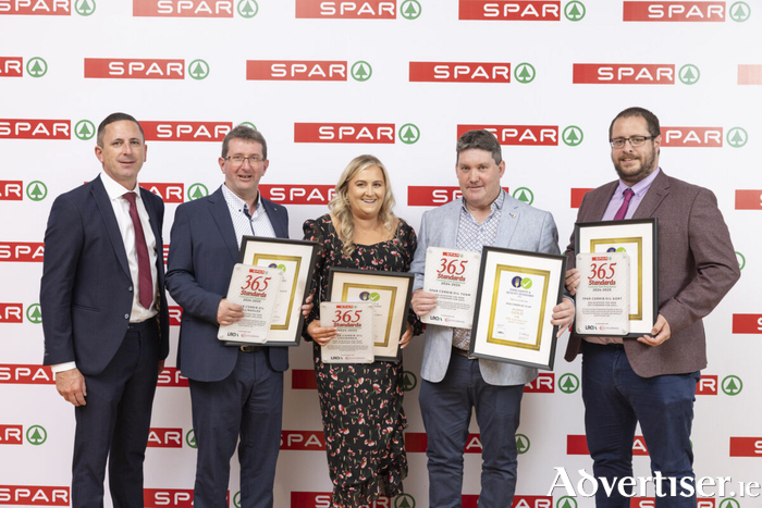Pictured at the recent SPAR 365 Standards Customer Care Programme for achieving exceptional standards in retailing, held in Killashee Hotel, in Naas in Co Kildare, were Gerry Burke SPAR ROA, Adrian Gavin, SPAR Corrib Oil Ballinasloe, Denise Bane, SPAR Corrib Oil Loughrea, Tommie Ronan, SPAR Corrib Oil Tuam and Daniel Farragher SPAR Corrib Oil Gort.