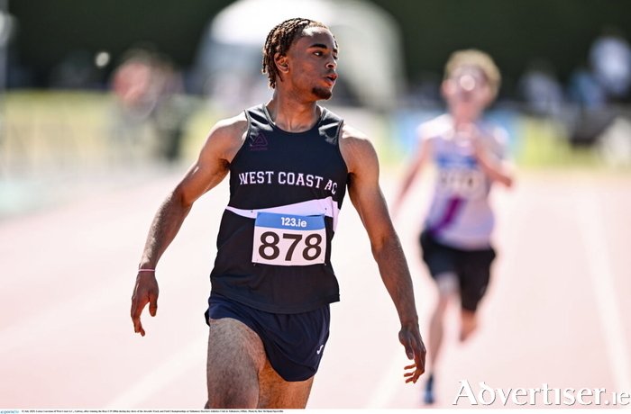 Lemar Lucciano of West Coast AC, Galway, after winning the Boys U19 200m during day three of the Juvenile Track and Field Championships at Tullamore Harriers Athletics Club in Tullamore, Offaly. (Photo by Ben McShane/Sportsfile)
