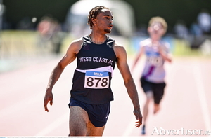 Lemar Lucciano of West Coast AC, Galway, after winning the Boys U19 200m during day three of the Juvenile Track and Field Championships at Tullamore Harriers Athletics Club in Tullamore, Offaly. (Photo by Ben McShane/Sportsfile)