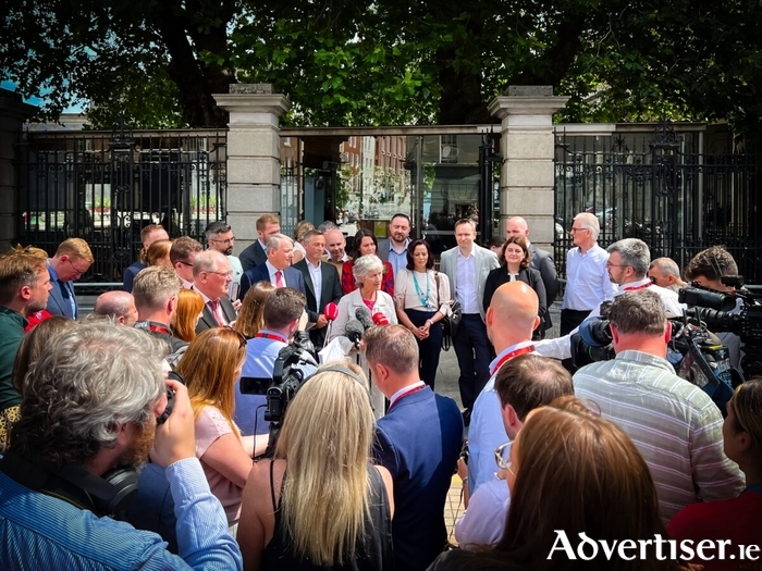 Deputy Catherine Connolly pictured outside Leinster House at lunchtime yesterday where she launched her presidential campaign. Pic: Eileen Flynn