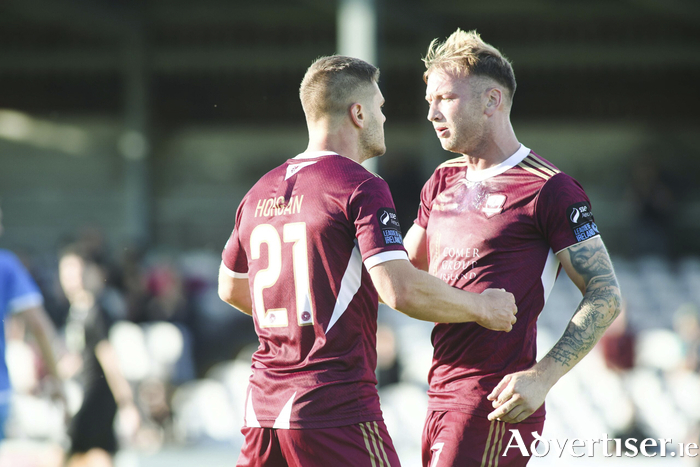 Galway United’s Colm Horgan congratulates Stephen Walsh after he scored the opening goal against Tolka Rovers in the Sports Direct FAI Cup game at Eamonn Deacy Park on Friday. (Photo: Mike Shaughnessy)