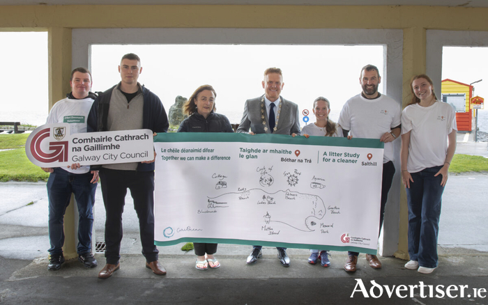 Pictured at the launch of the Salthill Litter survey are Éanna Ó Cosgora, Survey Volunteer, Diarmaid Ó Nualláin, Assistant Staff Officer, Galway City Council, Fiona Holland, Senior Engineer, Galway City Council, and Deputy Mayor Cllr. Alan Cheevers, Luana Jungmann, CEO CuriOcean, Fergal Cushen, Environmental Awareness Officer, Galway City Council, Olivia Philo, University of Galway
