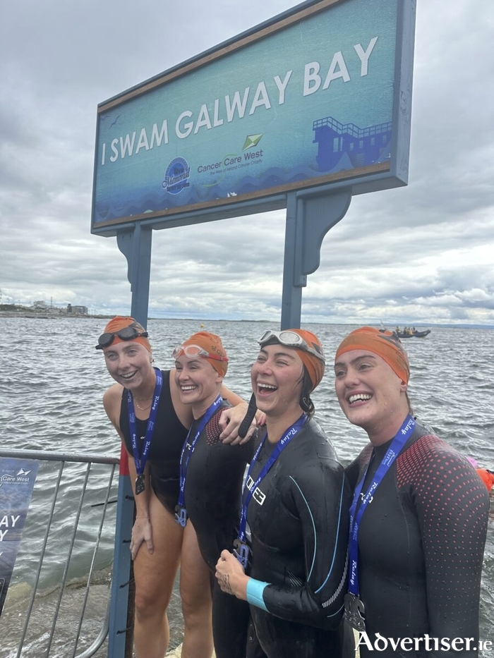 Alice Donovan, Emma Reilly, Hannah Nagle and Katie Gambier Ross pictured at Cancer Care West's Galway Bay Swim last week.