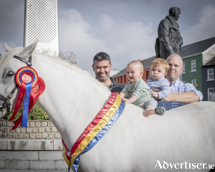Next Generation: Bobby Nee and Colí O’Halloran ride the 2024 Supreme Champion Connemara pony Cabra Jane watched by their fathers Robert Nee and Bryan O’Halloran