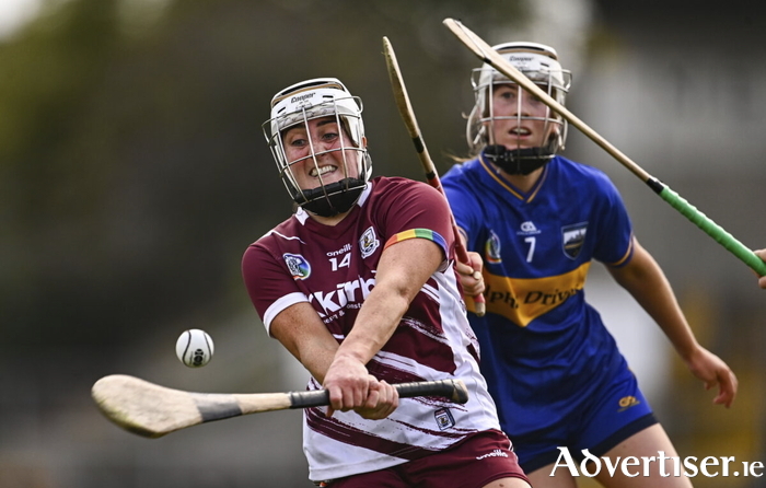 Ailish O'Reilly of Galway in action against Sarah Corcoran of Tipperary during the Glen Dimplex All-Ireland Camogie Senior Championship semi-final match between Galway and Tipperary at UPMC Nowlan Park, Kilkenny. (Photo by Ben McShane/Sportsfile)