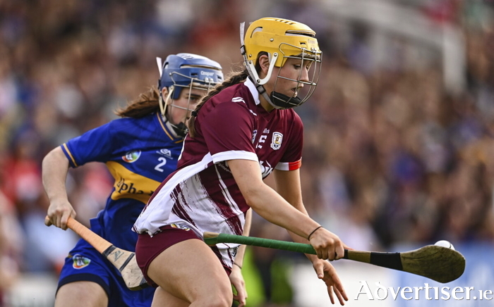 Caoimhe Kelly of Galway in action against Julieanne Bourke of Tipperary during the Glen Dimplex All-Ireland Camogie Senior Championship semi-final match between Galway and Tipperary at UPMC Nowlan Park, Kilkenny. (Photo by Ben McShane/Sportsfile)