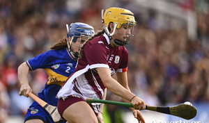 Caoimhe Kelly of Galway in action against Julieanne Bourke of Tipperary during the Glen Dimplex All-Ireland Camogie Senior Championship semi-final match between Galway and Tipperary at UPMC Nowlan Park, Kilkenny. (Photo by Ben McShane/Sportsfile)