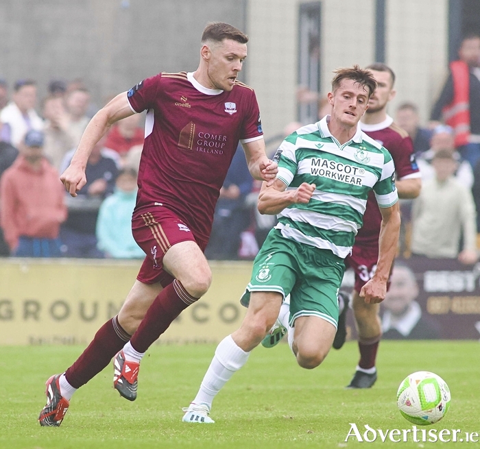 Galway United’s Patrick Hickey and Shamrocks Rovers’ Roberto Lopes in action from the SSE Airtricity Premier Division game at Eamonn Deacy Park on Sunday. Photo: Mike Shaughnessy