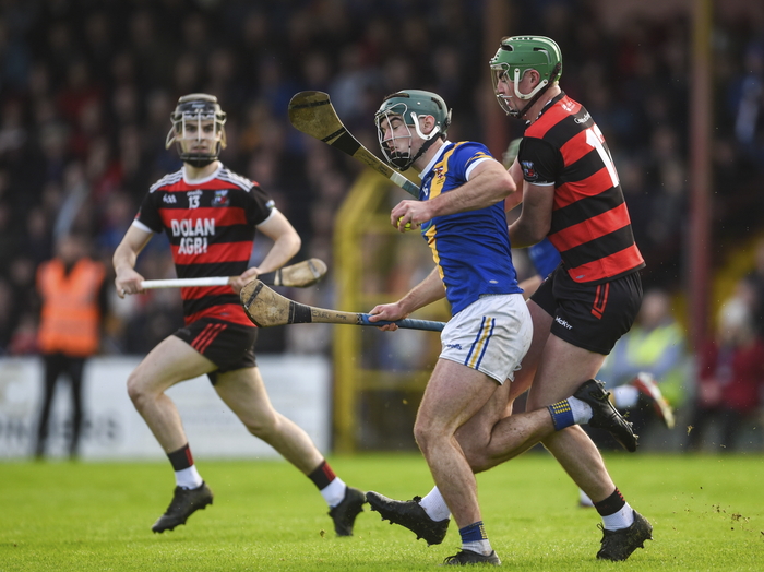 Shane Morgan of Loughrea is tackled by David Malone of Cappataggle during the Galway County Senior Club Hurling Championship final match between Cappataggle and Loughrea at Kenny Park in Athenry, Galway. (Photo by Tom Beary/Sportsfile)