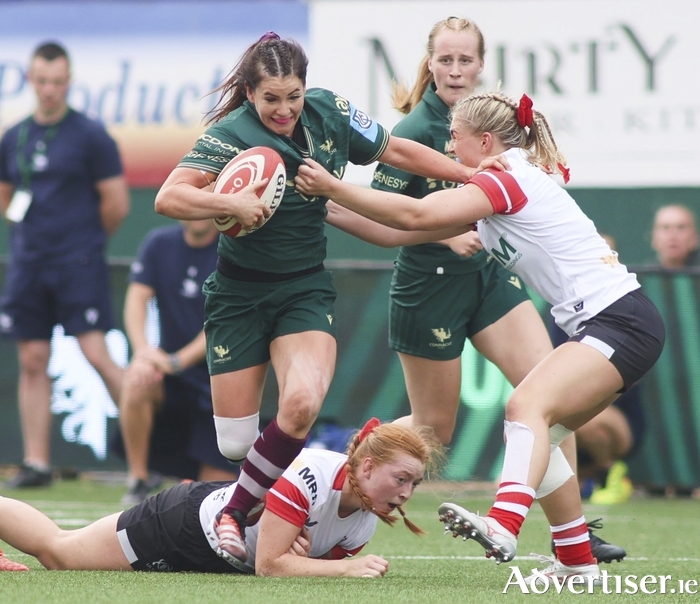 Connacht’s Orla Dixon against the Ulster duo of Lauren Darley and India Daley in action from the Vodafone Women’s Interprovincial Championship game at the Dexcom Stadium on Saturday. (Photo: Mike Shaughnessy)