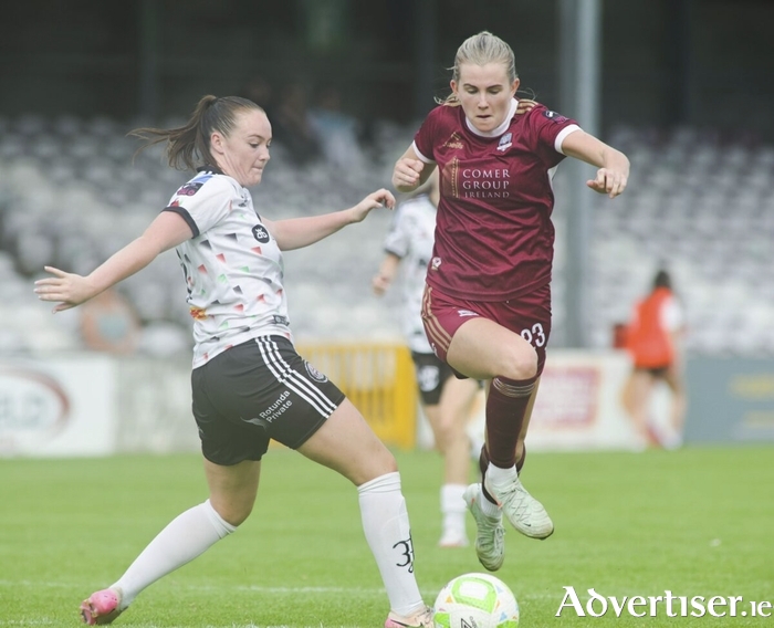 Galway United’s Emma Doherty clears a tackle by Bohemians’ Aoibhe Brennan in action from the SSE Airtricity Women’s Premier Division game at Eamonn Deacy Park last Saturday. (Photo: Mike Shaughnessy)
