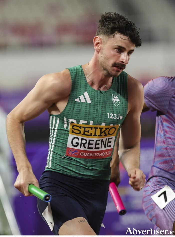 Cillín Greene of Ireland competes in the mixed 4x400m relay during day one of the 2025 World Athletics Relays at Guangdong Olympic Stadium in Guangzhou, China. (Photo by Nikola Krstic/Sportsfile)