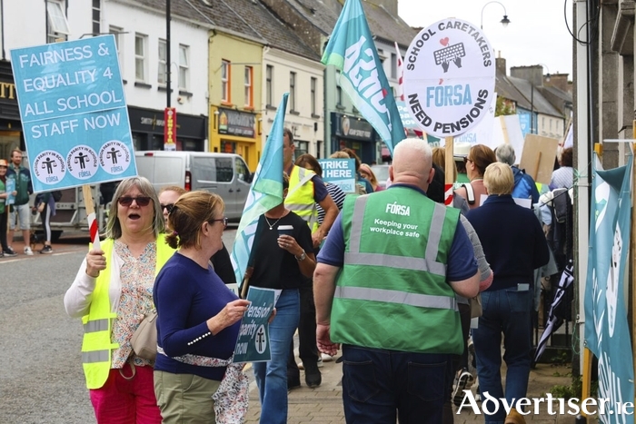 Protesting Forsa Union members in Loughrea on Tuesday. Photo: Mike Shaughnessy