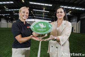 Co-director of Sound Dani Collins-Hadley with Senior Dexcom Stadium Commercial Manager Sandra Fahy as Sound to Light sign a new five-year agreement with Connacht Rugby to be the preferred AV provider for events hosted at Dexcom Stadium and the High-Performance Centre. Pic: Jeff Harvey.