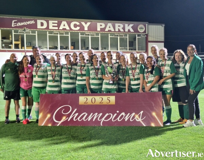 The Europa Cup-winning West United team after their penalty shootout victory over Athenry at Eamonn Deacy Park.