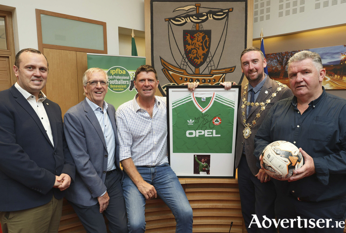 John Connolly TD, John Mannion, Niall Quinn, Mayor of Galway Cllr MIke Cubbard and Gerry Daly at City Hall on Tuesday for a press conference to announce details of Irish Professional Footballers Benevolent Association second annual Golf Classic, which takes place in Galway Bay Golf Club on Friday, September 12. (Photo: Mike Shaughnessy)