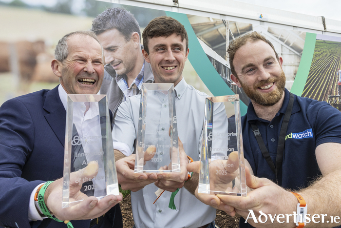 Pictured outside the Innovation Arena after yesterday's final is (l-r) Dr Dan Ryan, ScanInsights; Jenny Melia, CEO, Enterprise Ireland; Stephen Fagan, GlasPort Bio; Alan Dillon TD, Minister of State for Employment, Small Business and Retail; and James Greevy, Herdwatch