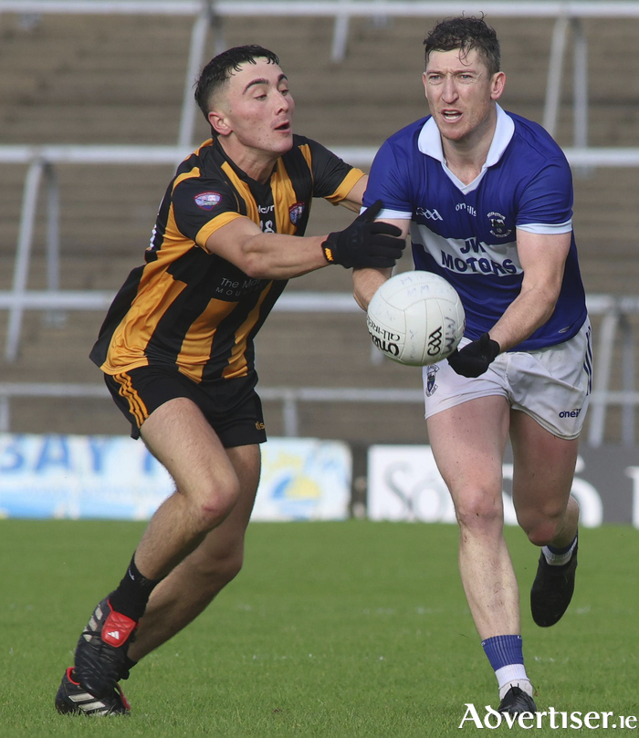 Mountbellew Moylough’s Adam Colleran and Killannin’s Johnny Heaney in action from the Bon Secours Galway Senior Club Football Championship game at Pearse Stadium. (Photo: Mike Shaughnessy)