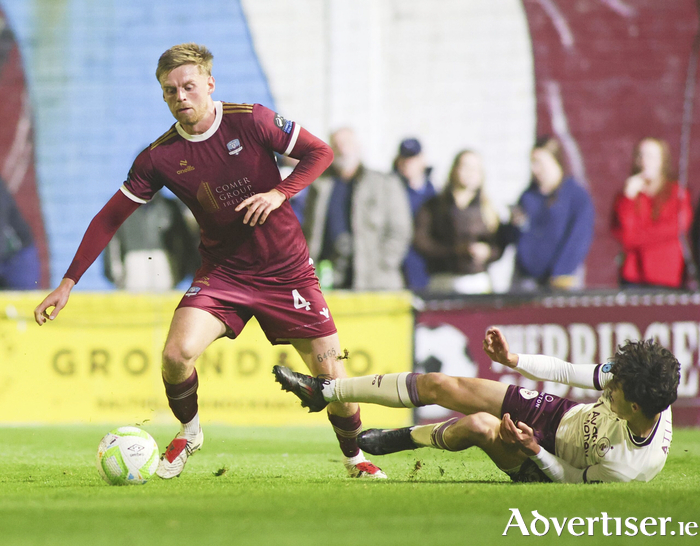 Galway United’s Rob Slevin avoids a Jad Hakiki tackle in action from the SSE Airtricity Premier Division game against Sligo Rovers at Eamonn Deacy Park on Monday night. (Photo: Mike Shaughnessy)