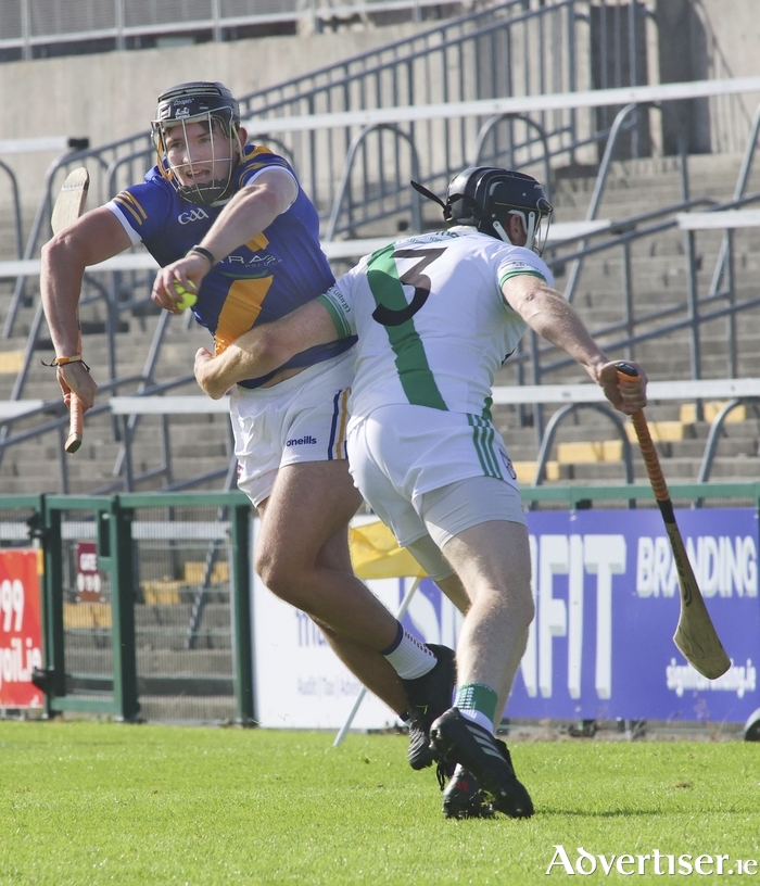 Loughrea's Darren Shaughnessy and Matt Donoghue of Mhaigh Cuilín in action from the Forvis Mazars Galway Hurling Senior Club Championship game at Pearse Stadium. (Photo: Mike Shaughnessy)