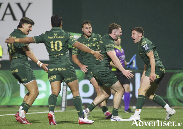 Connacht's Cathal Forde rushes to congratulate teammate Sean Naughton (right) for scoring against Benetton Treviso in action from the first game of the United Rugby Championship at the Dexcom Stadium last Saturday night. (Photo: Mike Shaughnessy)