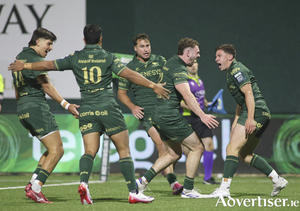 Connacht&#039;s Cathal Forde rushes to congratulate teammate Sean Naughton (right) for scoring against Benetton Treviso in action from the first game of the United Rugby Championship at the Dexcom Stadium last Saturday night. (Photo: Mike Shaughnessy)