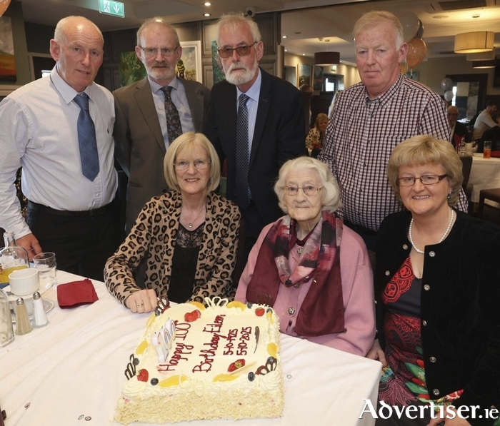 Centenarian Eileen Collins, Luimnagh, Corrandulla, celebrating her 100th birthday with her family. Back L - R Christy,,Gerry, Patrick, and James. Front: Mary, Eileen and Margaret.