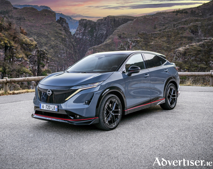 The Nissan Ariya Nismo contains the signature white and red badging which adorns several generations of the legendary Skyline, Silvia, 350Z and modern-day GT-R.