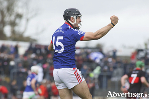 St Thomas&rsquo; Victor Manso celebrates scoring a crucial goal against Tommy Larkins in action from the Forvis Mazars Galway Hurling Senior Championship Quarter-Final at Kenny Park. (Photo: Mike Shaughnessy)