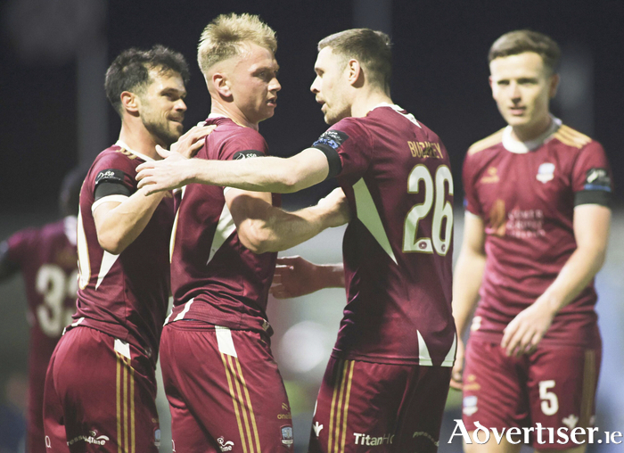 Galway United’s Stephen Walsh celebrates scoring against Cork City in action from the SSE Airtricity Premier Division game at Eamonn Deacy Park. (Photo: Mike Shaughnessy)