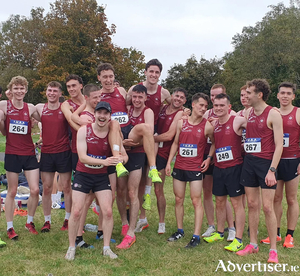 Oisin Murray, Univeristy of Galway Athletics, winner&nbsp;of Universities Cross Country being chaired by his teammates&nbsp;after his victory in the Men&#039;s race.&nbsp;