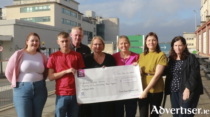 From left: Iarla Nutley; Aaron Quinn; Fred Quinn; Carmel Quinn; Claire Lavelle, Clinical Nurse Manager 3, Critical Care Unit, University Hospital Galway, Gillian Shanahan, Organ Donation Nurse Manager, University Hospital Galway, HSE West North West; and Dr Emer Curran, Clinical Lead in Organ Donation, University Hospital Galway, HSE West North West.