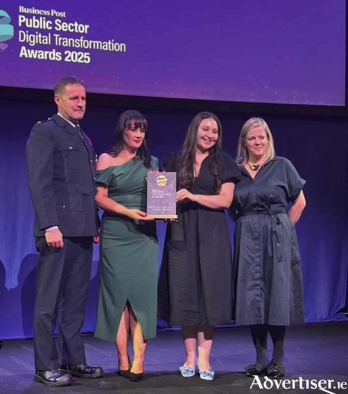 Pictured at the at the 2025 Business Post Public Sector Digital Transformation Awards, held at the Mansion House in Dublin (left to right) Edward O’Shea, station officer, An Cheathrú Rua Fire Brigade; Niamh Foley, head of enterprise sales, Virgin Media; Mackenzie Boland, Galway County Council GIS team and project lead; and Michelle Hennelly, senior assistant chief fire officer.