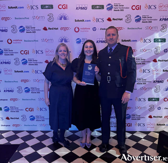 Pictured at the at the 2025 Business Post Public Sector Digital Transformation Awards, held at the Mansion House in Dublin (left to right) Michelle Hennelly (Senior Assistant Chief Fire Officer); Mackenzie Boland (GCC IS Team and Project Lead); and Edward O'Shea (Station Officer, An Cheathru Rua Fire Brigade).