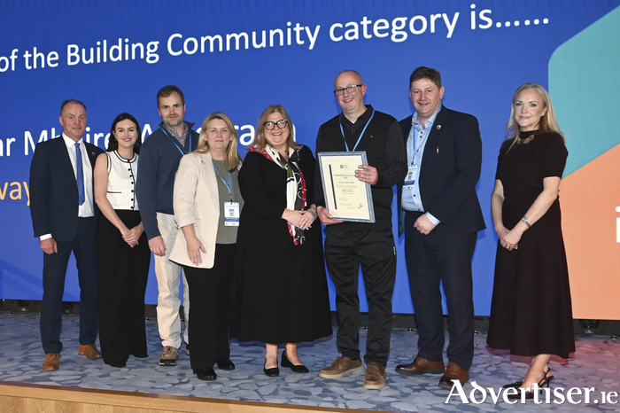 Pictured at the ceremony at the Slieve Russell Hotel in Cavan are, from left, The chairman of awards sponsor IPB Insurance John Hogan, Sharon Horan, Daithi Flood, Karen O'Donnell of Galway County Council, President of the ICSH Tina Fonaghy, Evan Mulvey, Damien Mitchell of Galway County Council, and Head of Underwriting Operations at IPB Insurance Alice Foley. Credit Justin Farrelly