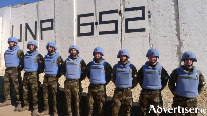 Frontline troops at Outpost 6-52. L-R: Pte Aongus McDonagh, Ardmore, Connemara; Pte Joshua Corrigan, Oughterard; Pte Oisín Garvey, Gort; Cpl Eoin Naughton, Athenry; Pte David McGill, Tuam; Pte Ruairi Mannion, Athenry; Pte Robert Moylan, Athenry; Pte Oisin Laheen, Menlough.