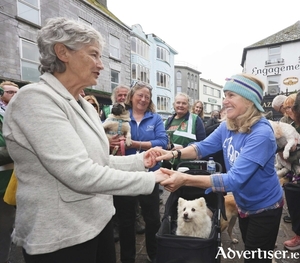 Presidential Election candidate Catherine Connolly, TD with Sharon Shannon, Madra Dog Shelter ambassador in Galway on Sunday. Photo: Mike Shaughnessy