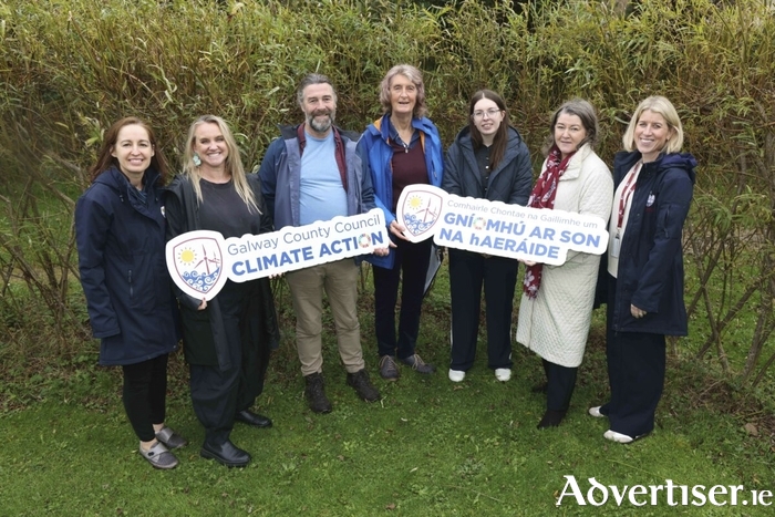 Pictured at the launch of Galway County Council’s Community Climate Action Fund at Brigit’s Garden in Rosscahill (left to right) Tina Ryan, Climate Action Coordinator; Rebecca Mooney, Climate Action Officer; Declan and Jenny of Brigit’s Garden; Kim O’Connor, Climate Action Team; Cllr Eileen Mannion; and Denise Feeney, Community Climate Action Officer. Credit Aengus McMahon.
