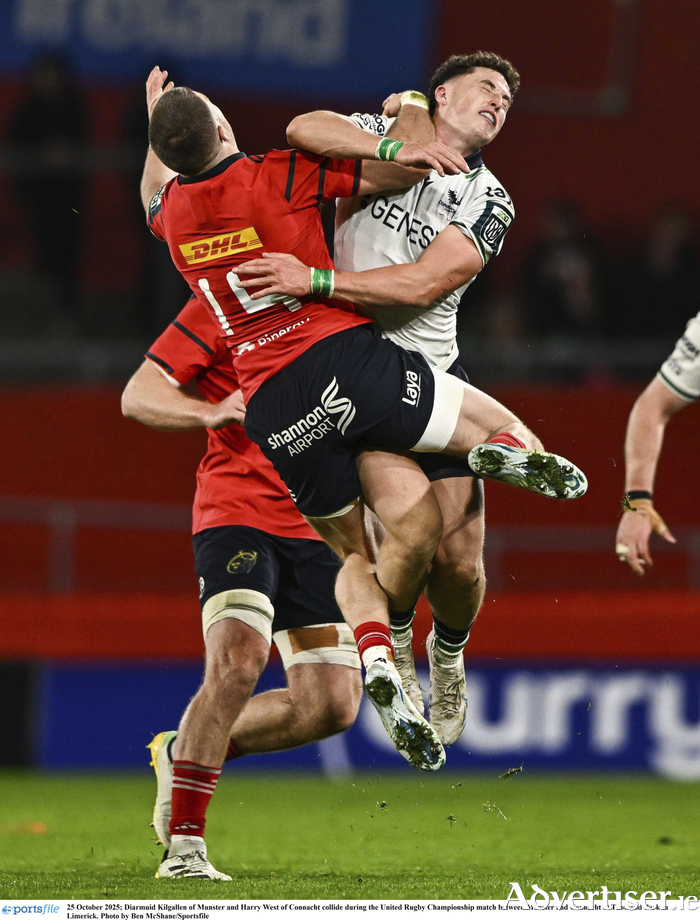 Diarmuid Kilgallen of Munster and Harry West of Connacht collide during the United Rugby Championship match between Munster and Connacht at Thomond Park in Limerick. (Photo by Ben McShane/Sportsfile)