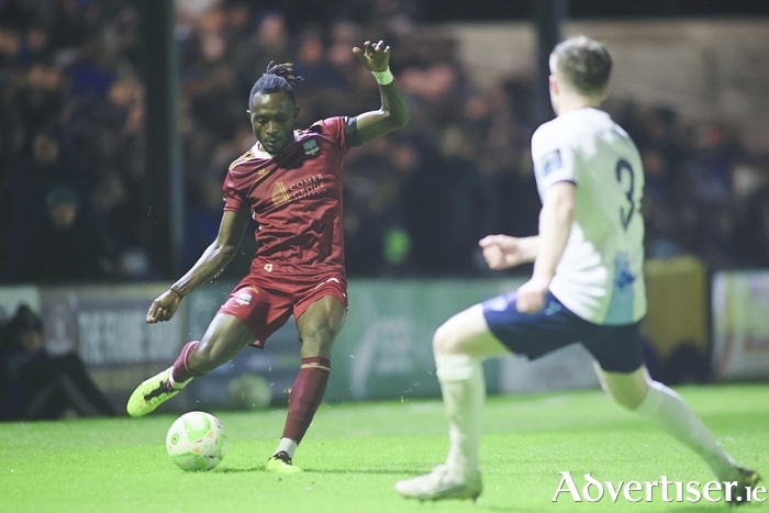 Galway United’s Jeannot Esua and Drogheda United’s Conor Keane in action from the SSE Airtricity Men’s Premier Division  league game at Eamonn Deacy Park last Friday night. (Photo: Mike Shaughnessy)
