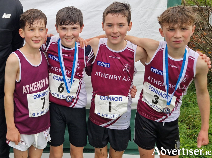 The bronze medal-winning Athenry Juvenile AC U12 Boys team of Tadhg Delmer, Shane Higgins, 
Cian Casserly, Eoghan Shryane. 
