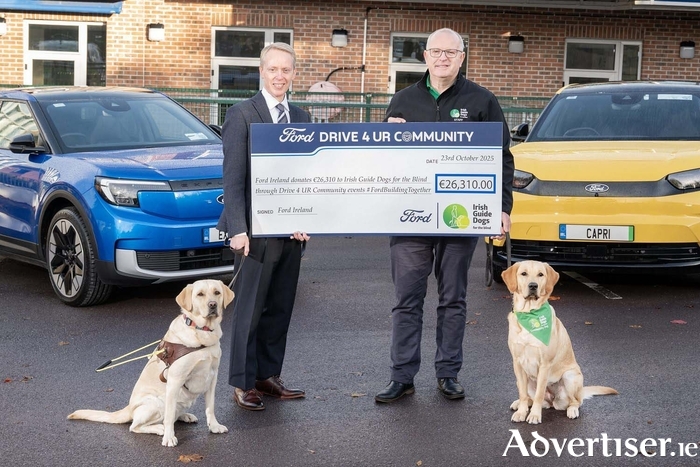 John Manning, market lead, Ford Ireland (left) presenting Tim O’Mahony, chief executive officer, Irish Guide Dogs with a cheque worth €26,310, which was raised as part of its Drive 4 UR Community campaign.