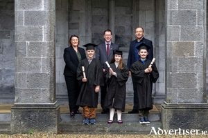 Pictured at the announcement of University of Galway&rsquo;s Youth Academy partnership renewal with Merit Medical are: (Back Row L-R:) Karen Smyth, Communications Leader, Merit Medical, Professor David Burn, President of University of Galway, and Mark Butler, Executive Vice President, European Operations, Merit Medical. (Front Row L-R:) Youth Academy 2025 graduates: Michael Kennedy, Ballinderry N.S., Cummer, Tuam, Zoe Ruane, Scoil &Iacute;osa Oranmore, and Francis Feeney, Ardrahan N.S
(Photo: Andrew Downes)