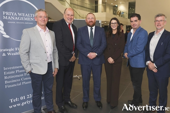 Bill Hennessy of Johnson & Johnson, MC Ivan Yates, Dr Alan O’Sullivan, MD Priya Wealth Management, Marisa O’Shea, VP North, Assistant Professor Cian Twomey, University of Galway and Professor Alan Ahearne, University of Galway attending ‘AI and the Future of Work’ , a seminar hosted by Priya Wealth Management at University of Galway on Thursday evening. Photo: Mike Shaughnessy