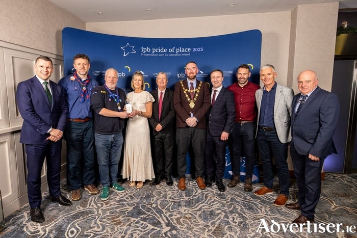 Galway Sea Scouts being presented with their Runner Up Award in the Community Youth Initiative Category the IPB Pride of Place gala awards ceremony in the Strand Hotel, Limerick city on Friday 7 November 2025. (Left to right): Cllr Eddie Hoare, Ken Larkin, Galway Sea Scouts; Denis Murphy, Galway Sea Scouts; Carol Dunbar, Cooperation Ireland, John Kearns, IPB CEO; Mayor of the City of Galway, Cllr Mike Cubbard; Leonard Cleary, Chief Executive, Galway City Council; Fergal Cushen, Pride of Place Coordinator, Galway City Council; Patrick Foley, Administration Officer, Galway City Council; Patrick Greene, Director of Services, Galway City Council.