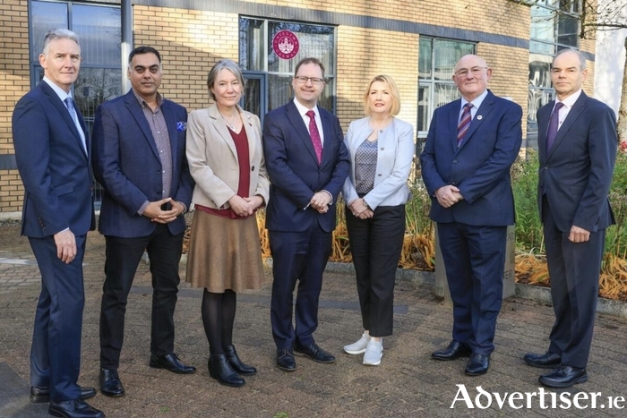 Pictured at the launch of the new Cybersecurity for Managers executive education programme at University of Galway are from L-R: Professor Tom Acton, J.E. Cairnes School of Business and Economics, University of Galway; Puneet Kukreja, Technology Consulting Partner and Head of Cyber at EY Ireland; Professor Becky Whay, Deputy President & Registrar, University of Galway; Minister for Further and Higher Education, Research, Innovation and Science James Lawless T.D.; Professor Alma McCarthy, Dean of the College of Business, Public Policy and Law, University of Galway; Senator Gerard Craughwell; and Professor Jonathan Levie, J.E. Cairnes School of Business and Economics, University of Galway. Photo: Martina Regan