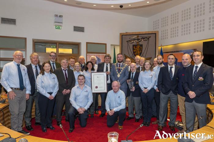 Pictured at a Mayoral Reception in City Hall, celebrating 30 years of Galway Lifeboat, are (left to right): Front - Kneeling: Paddy Hennelly and Seán Óg Leydon. Standing: Mike Guilfoyle, Barry Heskin, Erin Killeen, Cllr. Níall McNelis, Cllr. John McDonagh, Cllr. Alan Cheevers, Colette Lavin, Mike Swan, Stefanie Carr, Les Perry, Paul Carey, Mayor of the City of Galway, Cllr. Mike Cubbard, David Oliver, Patrick Lavelle, Pierce Purcell, Brian Nyland, Aoife Morrissey, John Killeen, Stuart Deane, Declan Killilea, Frankie Leonard and Shane Folan. Photo: Murtography